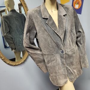 Vintage SUEDE blazer jacket cobalt satin lining Denim & Co L vtg grunge punk